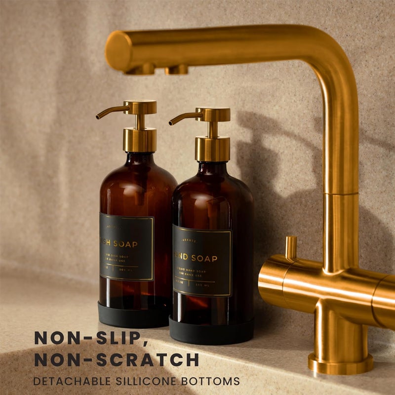 Verute Hand and Dish Soap Dispenser for Kitchen and Bathroom, Set of 2 16 Oz Glass Bottles, Stainless Steel Pumps, Non-Slip Silicone Base, 27 Waterproof Labels (Amber Bottle/Brushed Gold Pump) - Image 2